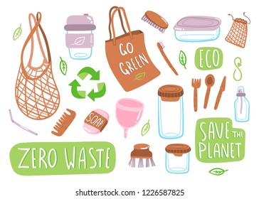 ¡Vamos verde! Cero desperdicio. Varios objetos ecológicos. Conjunto vector de color dibujado a mano. Todos los elementos están aislados