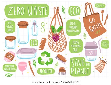 Go green! Zero waste. Various eco objects. Hand drawn big colored vector set. All elements are isolated