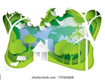 Go green.Nature landscape and eco friendly concept.Paper carve of environment conservation conceptual design.Vector illustration.