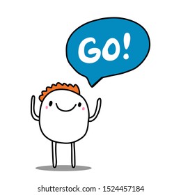 Go hand drawn vector illustration young man speaking cartoon comic style blue orange