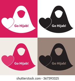 Go Hijab concept. Vector logo, banner, sticker, card. Muslim dress silhouette, heart shape in pink and brown colors.