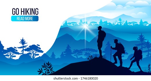 Go hiking banner with trees, hills, people silhouettes, mountains. Vector illustration with tourists, woodland landscape, clouds, flare. Trekking and climbing concept in blue colors