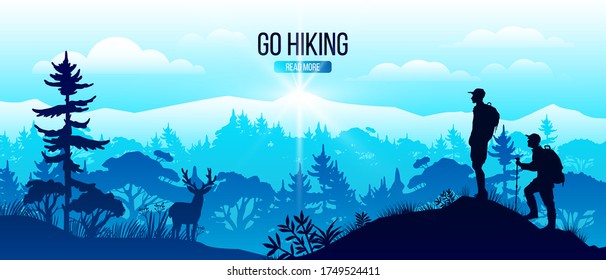 Go hiking vector banner with travelers’ silhouettes, forest, deer, clouds, hills, distant mountains. Horizontal woodland view in blue colors. Summer outdoor activities concept with tourists