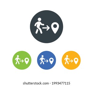 Icono Ir. La dirección de la persona que camina hacia el mapa del símbolo del alfiler aislado en el fondo blanco.