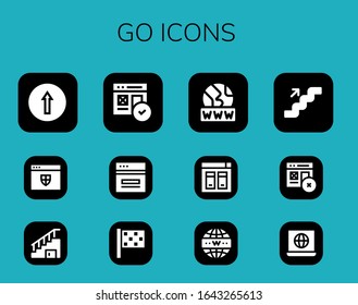 go icon set. 12 filled go icons.  Simple modern icons such as: Traffic signal, Website, Stairs, Web, Finish flag, Www, Internet