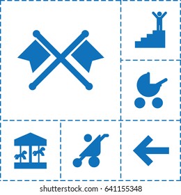 Go icon. set of 6 go filled icons such as baby stroller, man on stairs, crossed flags, carousel