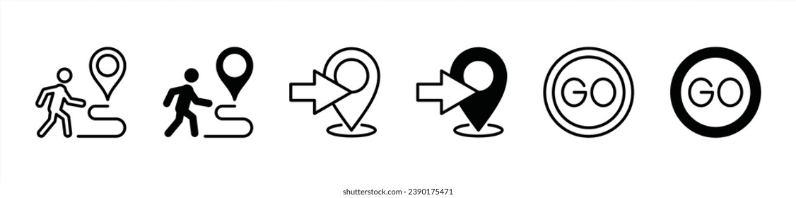 Go icon set. Directions to location icon. Goes to the map pin location icon symbol. Editable stroke. Vector illustration