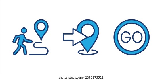 Go icon set. Directions to location icon. Goes to the map pin location icon symbol. Editable stroke. Vector illustration