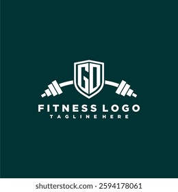 GO initial monogram for fitnes or gym logo with creative shield and barbell design