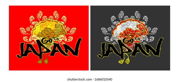 go to japan text with fan illustration design for sukajan is mean japan traditional cloth or t-shirt with digital hand drawn Embroidery Men T-shirts Summer Casual Short Sleeve Hip Hop T Shirt Streetwe