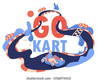 Go kart concept illustration drawn in orange and blue. Vector illustration with character in car in helmet, track and trees with lettering for active lifestyle and races