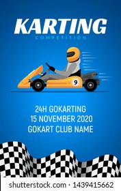 Go kart race background poster. Karting race car cartoon helmet driver sport backgorund.