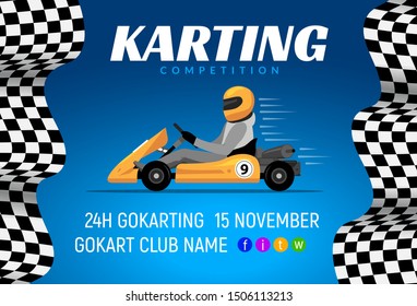 Go kart race background poster. Karting race car cartoon helmet driver sport backgorund.