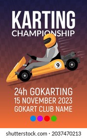 Go kart race background poster. Karting race car cartoon helmet driver sport background