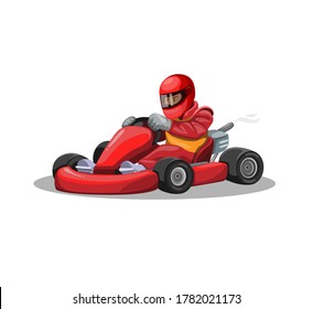 Go kart racer character in red uniform. professional driving race sport competition in cartoon illustration vector on white background