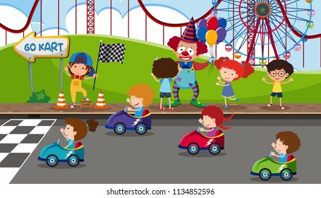 Go Kart Racing At Fun Fair Illustration