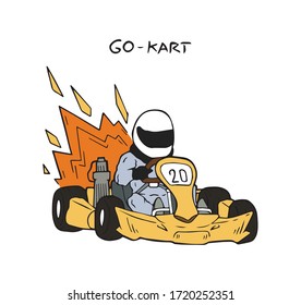 Go kart vehicle speeding through the track with fire behind, hand drawn outline illustration. Fast and small car with a driver, cartoon drawing decoration. Training extreme sport sketch logo symbol