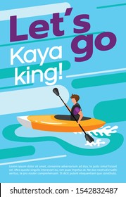 Let’s go kayaking poster vector template. Extreme watersport. Brochure, cover, booklet page concept design with flat illustrations. Canoeing experience. Advertising flyer, leaflet, banner layout idea