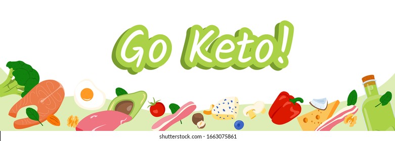 Go Keto Vector Illustration With Seafood, Vegetables, Berries, Eggs, Chicken On White Background.