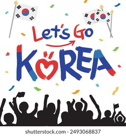 Let’s Go Korea calligraphy illustration. Taegeukgi and cheering person silhouette illustration