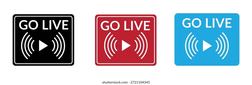 Ilustración de conjunto de Vectores de iconos en vivo. Ve a los iconos en vivo para la transmisión y las transmisiones en línea. Comience a grabar y firmar eventos en línea. Video Símbolos de difusión en línea. Signo de grabación de redes sociales