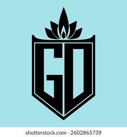GO Logo featuring a minimalist design with a crown-like flower symbol on top, bold black elements, and a soft blue background, perfect for branding and modern visual identity.