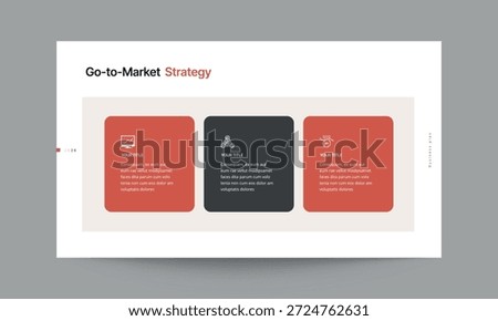 Go to market strategy slide presentation template with clean and professional design. Ideal for presenting market entry plans, product launch strategy, distribution channels, pricing approach, and customer acquisition strategy in corporate and professional presentations.