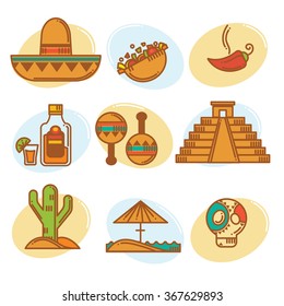 Go to Mexico, vector mexican symbols emblems and icons collection, line art style