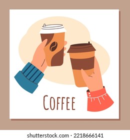 Para ir a tomar café en las manos, afiche de plantilla con texto - ilustraciones de vector planas. Los personajes que sostienen café caliente en tazas reutilizables se llevan. Concepto de beber bebidas calientes.