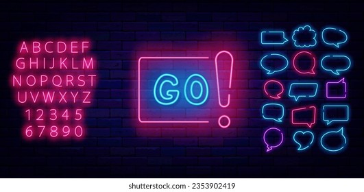 Go neon label on brick wall. Speech bubbles frames set. Sport symbol. Motivational signboard for night club, cafe. Shiny flyer. Glowing pink alphabet. Editable stroke. Vector stock illustration