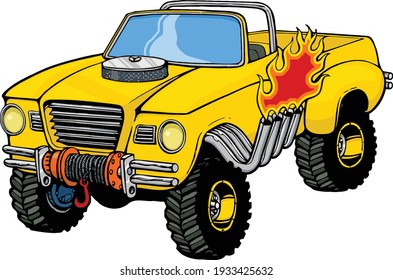 Salir de la pista en estilo retro con esta camioneta de 1960. Esta ilustración presenta un camión con varillas calientes de 1960 con un extremo frontal personalizado para el remolque.