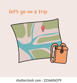 vaya de viaje. postal, mapa y mochila