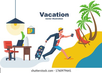 Go on vacation. The manager runs from the office to the beach to relax. Dressing up on the run. Going on vacation. Vector flat design. Isolated on white background. Young man hurry on vacation.