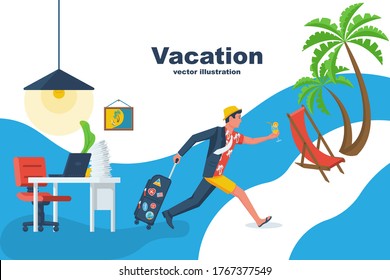 Go on vacation. The manager runs from the office to the beach to relax. Dressing up on the run. Going on vacation. Vector flat design. Isolated on white background. Young man hurry on vacation.