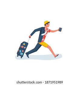 Go on vacation. The manager runs from the office to the beach to relax. Dressing up on the run. Going on vacation. Vector flat design. Isolated on white background. Young man hurry on vacation.