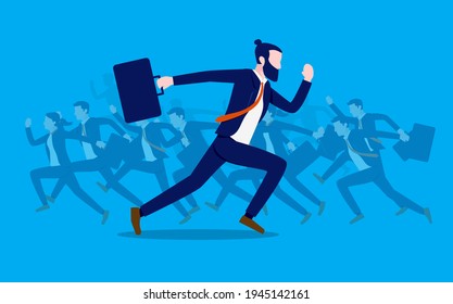 Go in the opposite direction - Business man running in different directions than the rest. Unconventional businessman and against the flow concept, vector illustration.