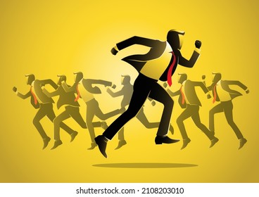 Go In The Opposite Direction - Business Man Running In Different Directions Than The Rest. Unconventional Businessman And Against The Flow Concept, Vector Illustration.