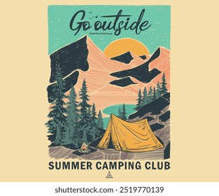 Go outside digital painting. Mountain club. Adventure at the mountain graphic artwork for t shirt and others. River with hill artwork. Mountain with tree vintage print design. Hill line hand drawing.