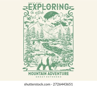Ve afuera. Explore más. Montaña con arte vintage del oso para la ropa, etiqueta engomada, Lote, fondo, cartel y otros. Aventura de verano.
