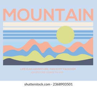 Ir fuera del diseño de la impresión vectorial para camisetas, pegatinas y otros. Explore la gran montaña vectorial al aire libre con puesta de sol. Coloridas obras de arte gráfico de montaña.