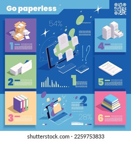 Go paperless concept isometric infographics with paper documents and digital data on color background 3d vector illustration