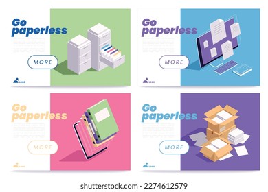 Go paperless isometric horizontal web banners set with digital and paper documents isolated vector illustration