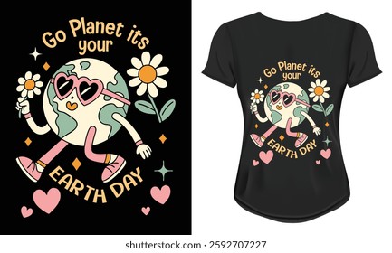 Go Planet It's your Earth day toddler boy and girl 2025 kids retro environmental graphic t-shirt design with vector illustration. Lettering print for t-shirts, posters, stickers, flyers, cards, banner