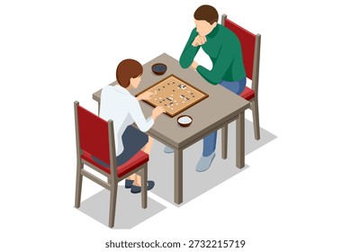 Vamos Jugadores. Juego de go isométrico con dos jugadores en la mesa. Juego de mesa estratégico, competencia intelectual y concepto de actividad de ocio.