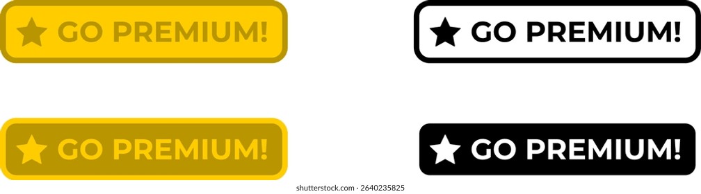 Go Premium Purchase UI Button Element for Game App and Web Design Gold and Black and White Color Icon Set. Vector Image.