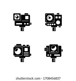 Go pro camera glyph icon. Action camera glyph icon design vector. Black glyph icon, white isolated design.