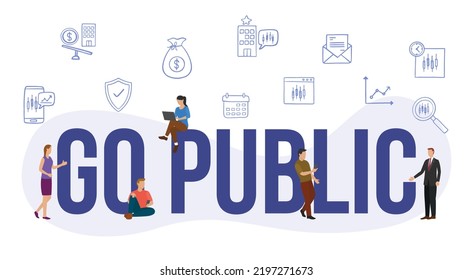 go public stock market concept with big word or text and people with modern flat style