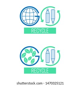 Go recycle, go green typographic symbol set. Preserve the environment by sorting and returning single-use plastic waste to be recycled. Vector illustration outline flat design style.