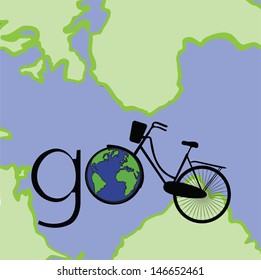 go ride bicycle graphic with world map background
