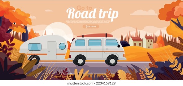 Ve a un viaje por carretera. Autobús, viajes y turismo. Estilo de vida activo, senderismo y acampada. Recreación de la naturaleza y viajes en transporte. Afiche o cartel para el sitio web. Dibujo vectorial plano de dibujos animados